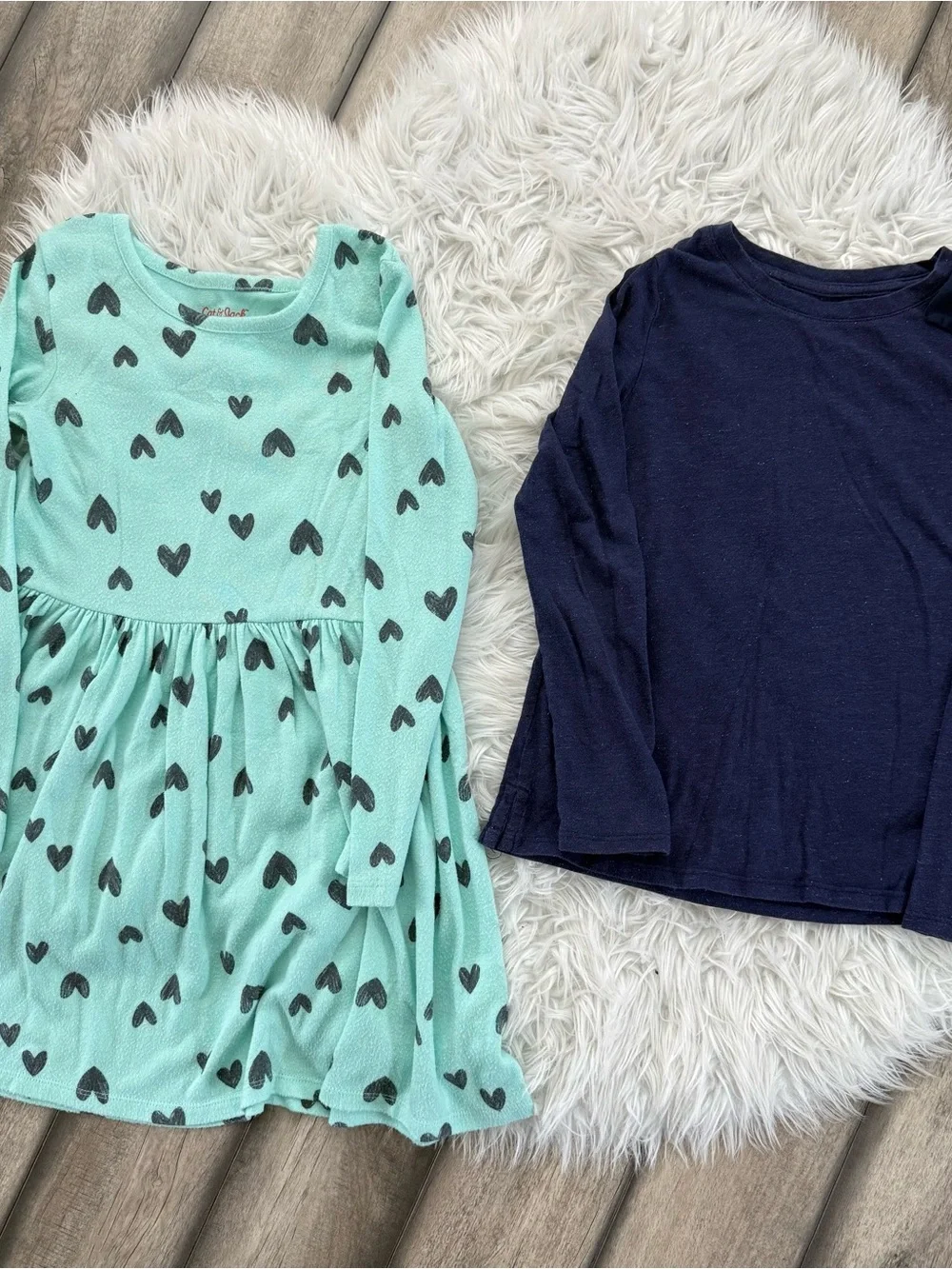 Cat & Jack M 7/8 Mint Green Heart Print Dress and Long Sleeve Sparkly Navy Shirt